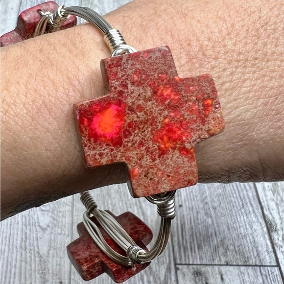 Handmade Jewelry - Artisan Stone Gem Bangle Wrist Bracelet Silver Toned Metal Wire Wrapped Handmade